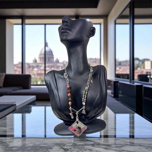 Tiny Art Canvas Silver & Glass Pendant w/ Unakite & Pink Jasper Artisan Necklace - Picture 14 of 17